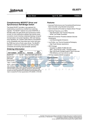 ISL6571 datasheet - Complementary MOSFET Driver and Synchronous Half-Bridge Switch