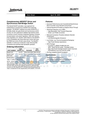 ISL6571CR-T datasheet - Complementary MOSFET Driver and Synchronous Half-Bridge Switch