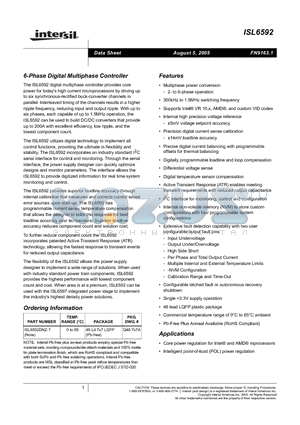 ISL6592DNZ-T datasheet - 6-Phase Digital Multiphase Controller