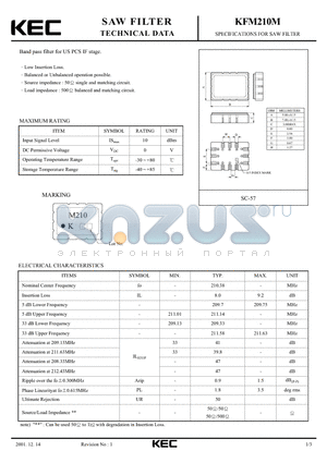 KFM210M datasheet - SPECIFICATIONS FOR SAW FILTER(BAND PASS FILTERS FOR US PCS IF STAGE)