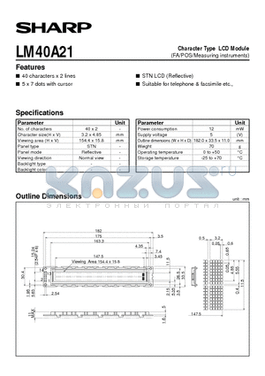 LM40A21 datasheet - Character Type LCD Module(FA/POS/Measuring instruments)