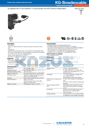 KG10.6199.109 datasheet - IEC Appliance Inlet C14 with Fuseholder 1- or 2-pole, Bowden-Line Switch 2-pole and Voltage Selector