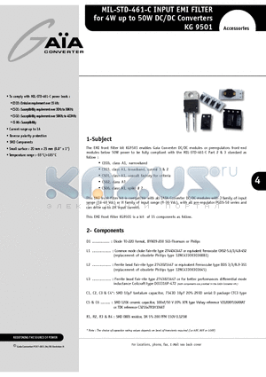 KG9501 datasheet - MIL-STD-461-C INPUT EMI FILTER for 4W up to 50W DC/DC Converters