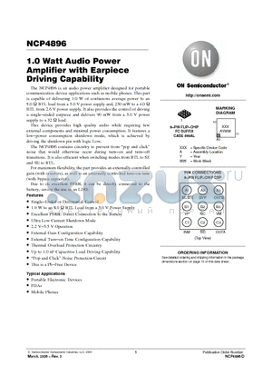 NCP4896 datasheet - 1.0 Watt Audio Power Amplifier with Earpiece Driving Capability