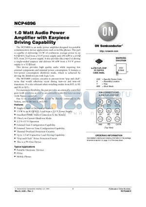 NCP4896FCT1G datasheet - 1.0 Watt Audio Power Amplifier with Earpiece Driving Capability