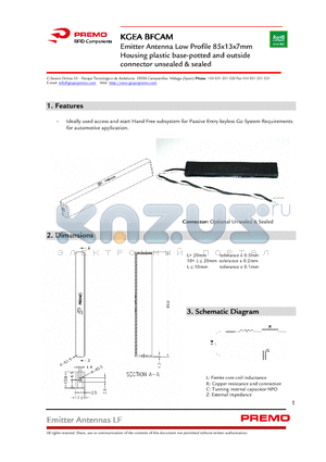 KGEA-BFCAM-C-0207J datasheet - Emitter Antenna Low Profile 85x13x7mm Housing plastic base-potted and outside connector unsealed & sealed