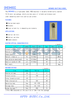 OHE940CC datasheet - High-Power GaAs IRED mounted in durable,hermetically sealed TO-18 metal can Package