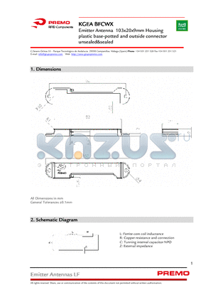 KGEA-BFCWX datasheet - Emitter Antenna 103x20x9mm Housing plastic base-potted and outside connector unsealed&sealed