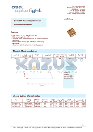 OHL-605HY-X-T datasheet - Series 605 - Power-LED, PLCC2 size High luminous intensity