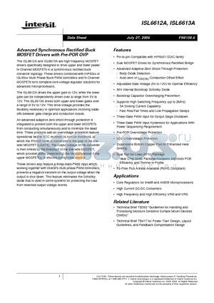 ISL6613ACRZ datasheet - Advanced Synchronous Rectified Buck MOSFET Drivers with Pre-POR OVP