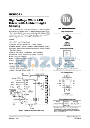 NCP5021 datasheet - High Voltage White LED Driver with Ambient Light Sensing