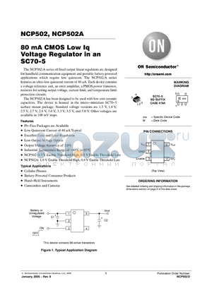 NCP502ASQ15T1 datasheet - 80 mA CMOS Low Iq Voltage Regulator in an SC70−5