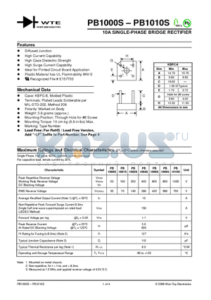 PB1010G datasheet - 10A GLASS PASSIVATED SINGLE-PHASE BRIDGE RECTIFIER