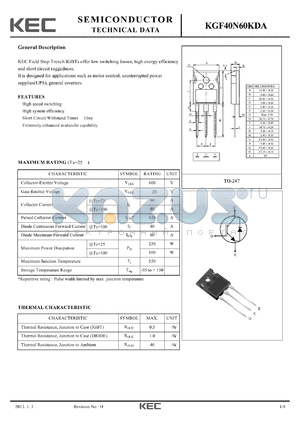 KGF40N60KDA datasheet - KEC Field Stop Trench IGBTs offer low switching losses, high energy efficiency and short circuit ruggedness.