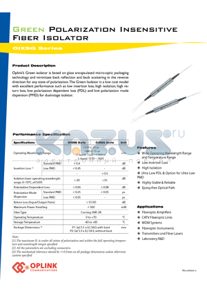 OIDSG1480S datasheet - Polarization Insensitive Fiber Isolator