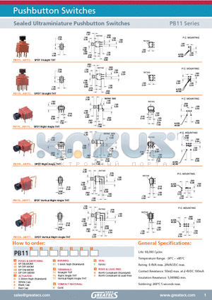 PB11D8AB1T7NEV datasheet - Sealed Ultraminiature Pushbutton Switches