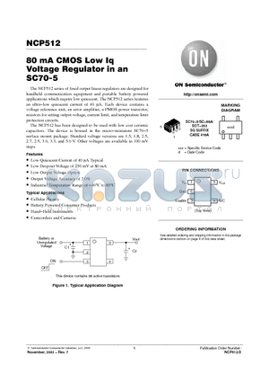 NCP512SQ18T1 datasheet - 80 mA CMOS Low Iq Voltage Regulator in an SC70-5