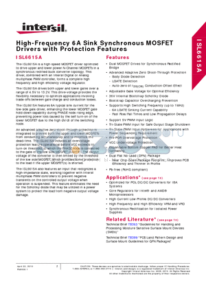 ISL6615ACRZ datasheet - High-Frequency 6A Sink Synchronous MOSFET Drivers with Protection Features