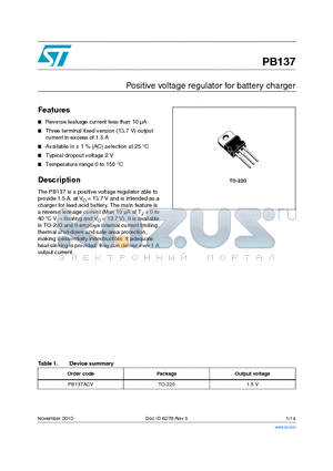 PB137_05 datasheet - Positive voltage regulator for battery charger