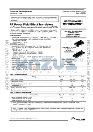 MRD6S18060MR1 datasheet - RF Power Field Effect Transistors N-Channel Enhancement-Mode Lateral MOSFETs
