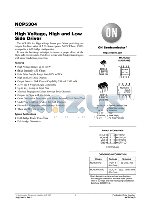 NCP5304 datasheet - High Voltage, High and Low Side Driver