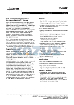 ISL6622BIRZ datasheet - VR11.1 Compatible Synchronous Rectified Buck MOSFET Drivers