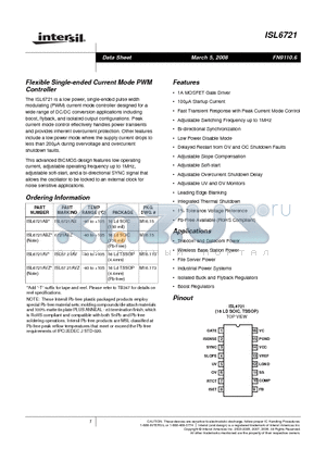 ISL6721AV datasheet - Flexible Single-ended Current Mode PWM Controller