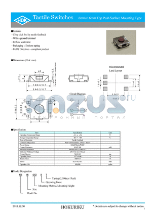 KGS6N4252BT datasheet - Tactile Switches 6mm6mm Top Push Surface Mounting Type