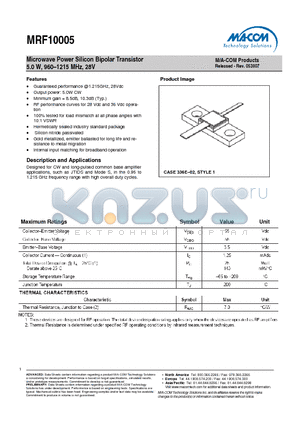 MRF10005 datasheet - Microwave Power Silicon Bipolar Transistor 5.0 W, 960-1215 MHz, 28V