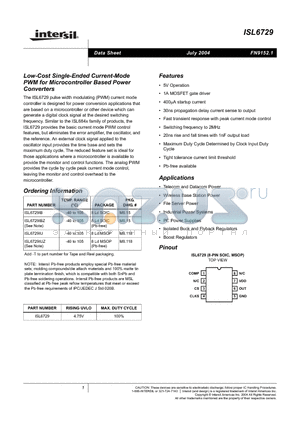 ISL6729 datasheet - Low-Cost Single-Ended Current-Mode PWM for Microcontroller Based Power Converters