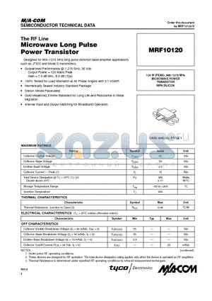 MRF10120 datasheet - MICROWAVE POWER TRANSISTOR NPN SILICON