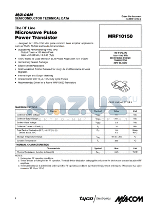 MRF10150 datasheet - MICROWAVE POWER TRANSISTOR NPN SILICON