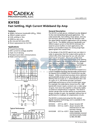 KH103 datasheet - Fast Settling, High Current Wideband Op Amp