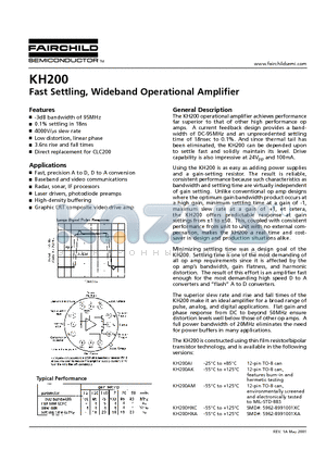 KH200 datasheet - Fast Settling, Wideband Operational Amplifier