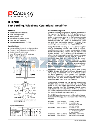 KH200HXA datasheet - Fast Settling, Wideband Operational Amplifier