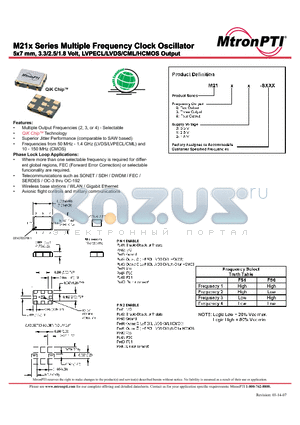 M21X20 datasheet - 5x7 mm, 3.3/2.5/1.8 Volt, LVPECL/LVDS/CML/HCMOS Output