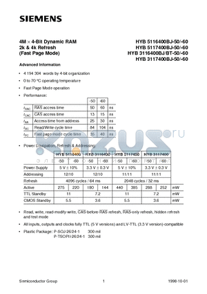 HYB5116400BJ-50-60 datasheet - 4M x 4-Bit Dynamic RAM 2k & 4k Refresh
