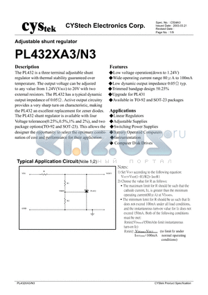 PL432BA3 datasheet - Adjustable shunt regulator