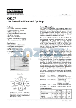 KH207 datasheet - Low Distortion Wideband Op Amp