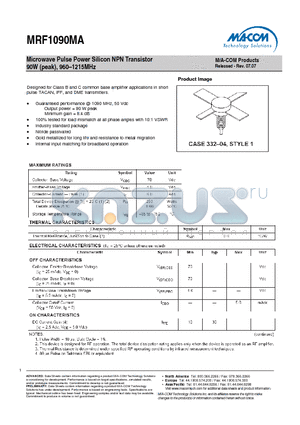 MRF1090MA datasheet - Microwave Pulse Power Silicon NPN Transistor 90W (peak), 960-1215MHz