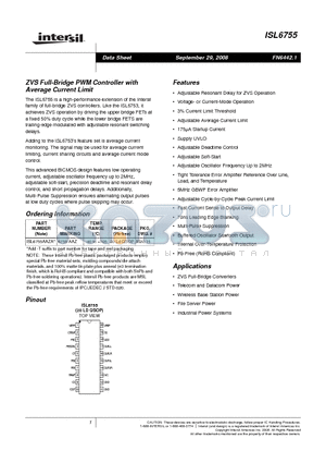 ISL6755 datasheet - ZVS Full-Bridge PWM Controller with Average Current Limit