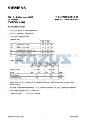 HYB5117800BSJ-50- datasheet - 2M x 8 - Bit Dynamic RAM 2k Refresh