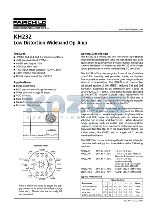 KH232 datasheet - Low Distortion Wideband Op Amp