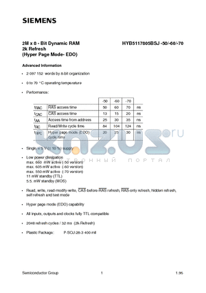 HYB5117805BJ-70 datasheet - 2M x 8 - Bit Dynamic RAM 2k Refresh