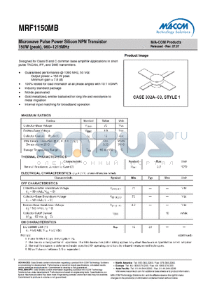 MRF1150MB datasheet - Microwave Pulse Power Silicon NPN Transistor 150W (peak), 960-1215MHz