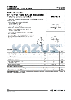 MRF134 datasheet - N-CHANNEL MOS BROADBAND RF POWER FET