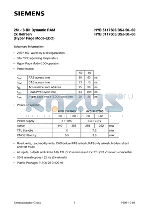 HYB5117805BSJ-50-60 datasheet - 2M x 8-Bit Dynamic RAM 2k Refresh