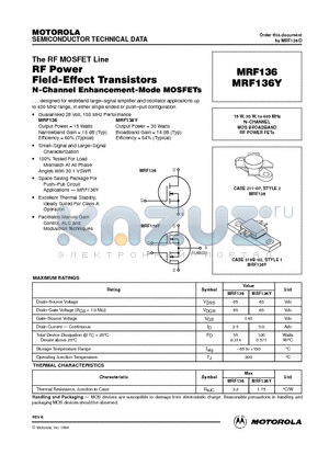 MRF136 datasheet - N-CHANNEL MOS BROADBAND RF POWER FETs