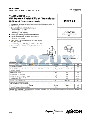 MRF134 datasheet - N.CHANNEL MOS BROADBAND RF POWER FET