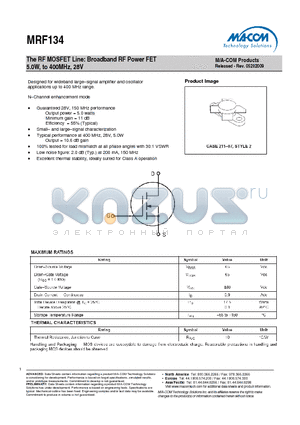 MRF134 datasheet - The RF MOSFET Line: Broadband RF Power FET 5.0W, to 400MHz, 28V